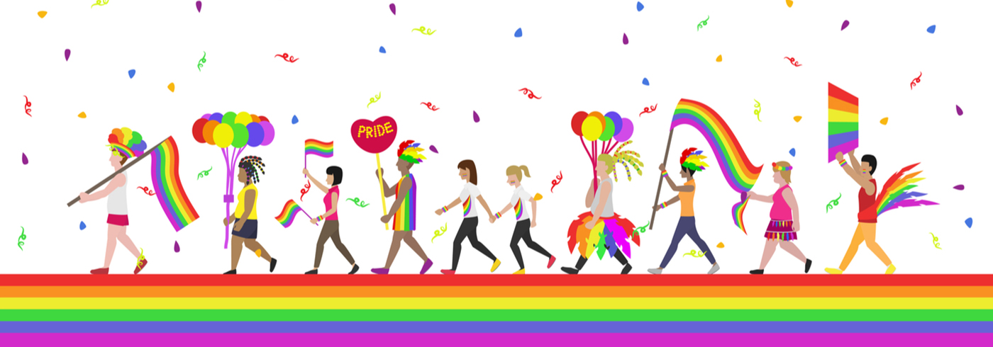 Cartoon drawing of people marching in parade in pride colours.