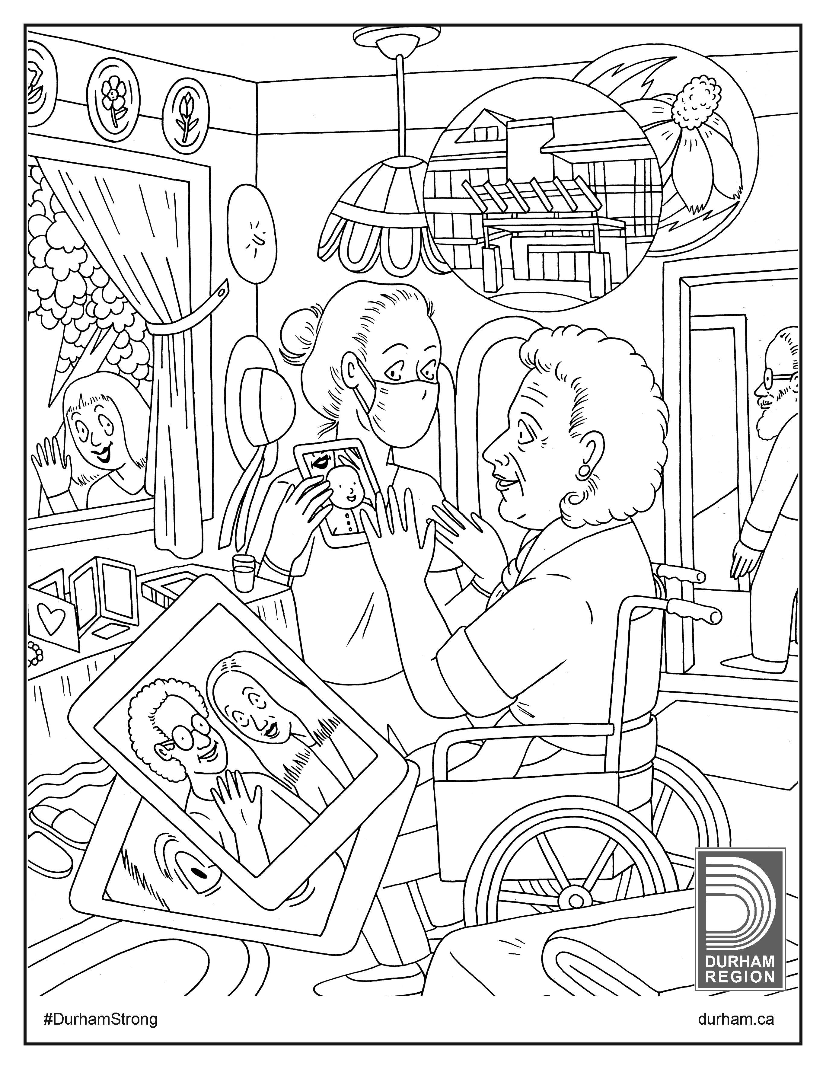 Illustration of a caregiver and resident at a long-term care home