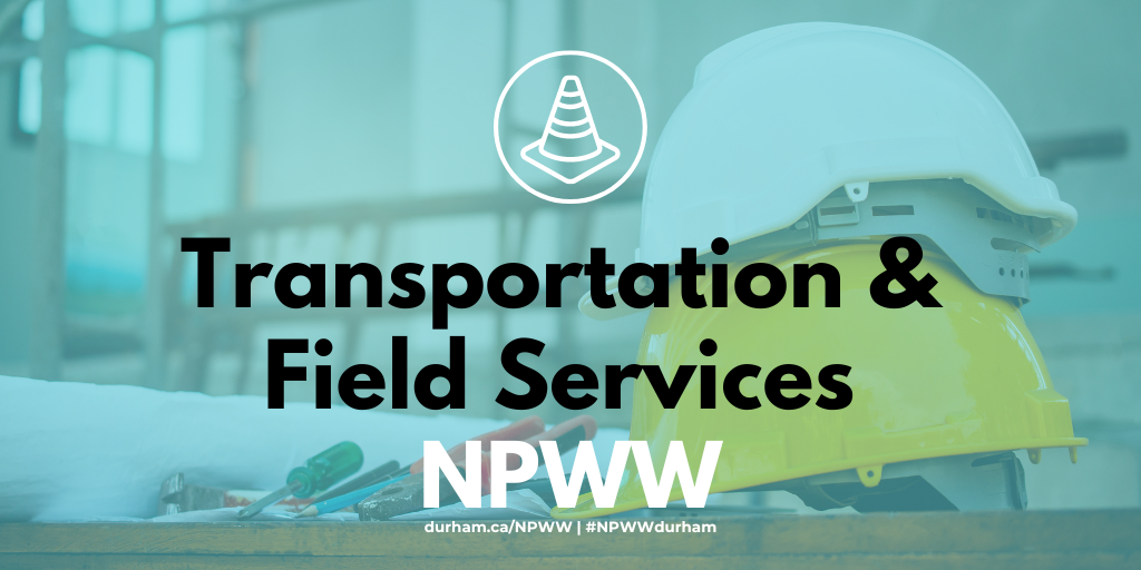Image of hard hats with a blue transparent overlay and text that reads "Transportation & Field Services" with the NPWW white logo.