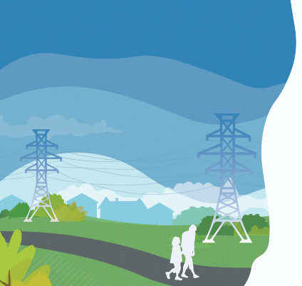 A sketch of two people walking on a path with electric towers and a skyline in the background