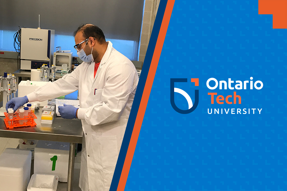 A image divided, with a research working in a lab on the left side and the Ontario Tech University logo on the right side