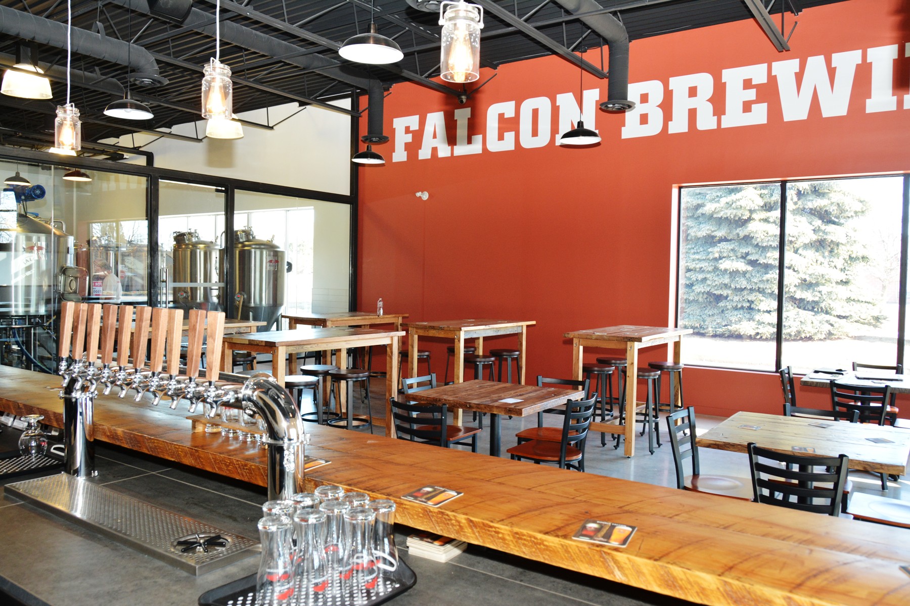 Interior of Falcon Brewery showing bar and tables