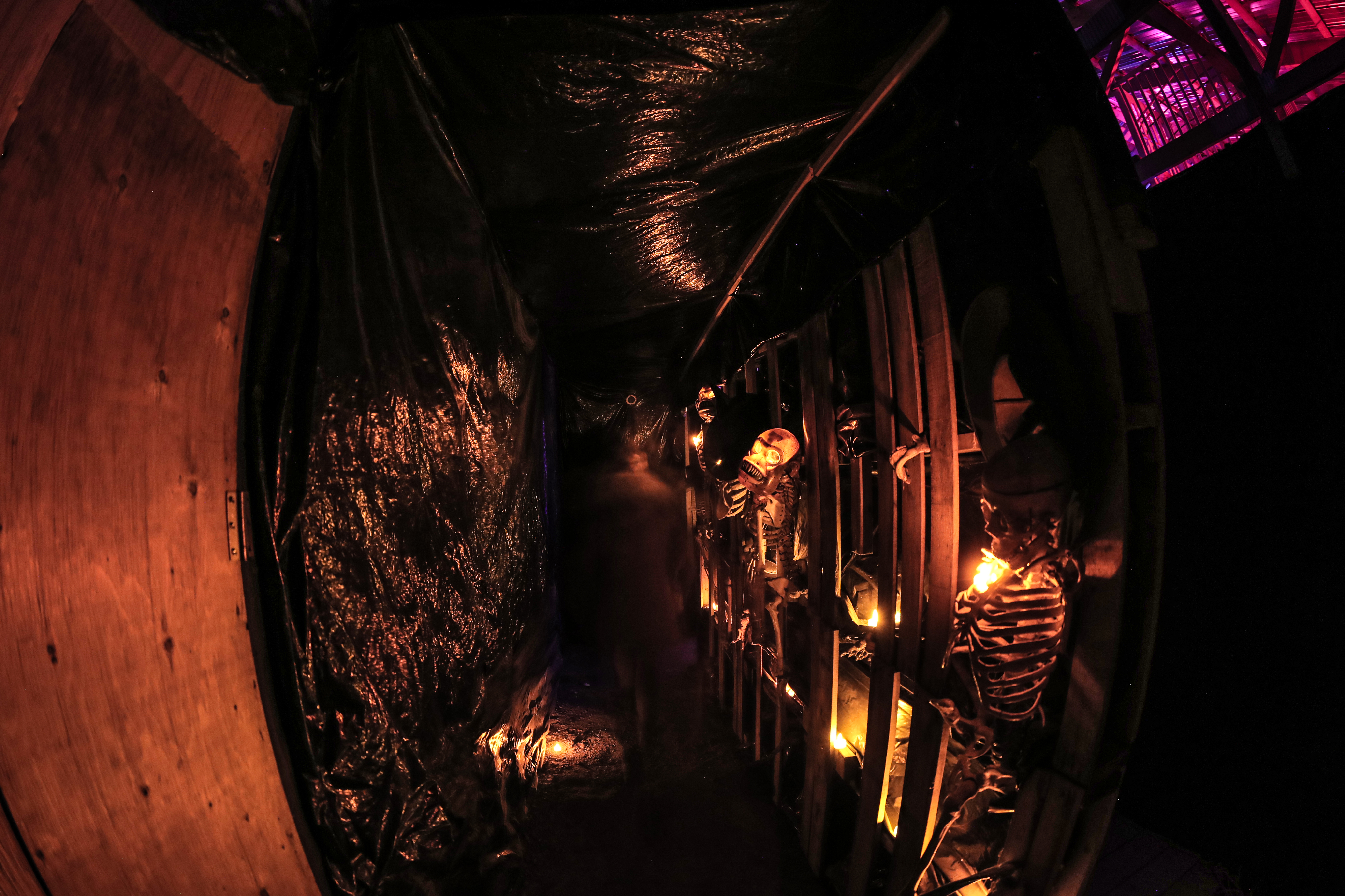 Image of a dark hallway with glowing orange lights and skeletons on the walls.