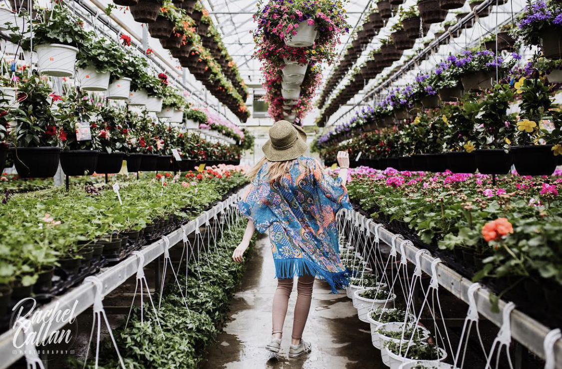 Person in colourful shirt and sun hat walking through rows of garden centre flowers