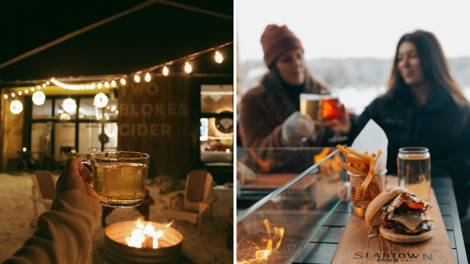 Collage of Two Blokes Cider and Slabtown Cider's heated patios in Durham Region