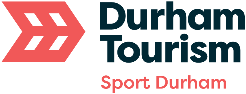 Coral coloured map icon next to denim coloured Durham Tourism wording with Sport Durham wording underneath