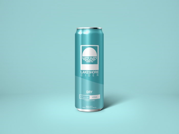 Teal coloured cider can with white Lakeshore Cider logo and white writing on a teal background