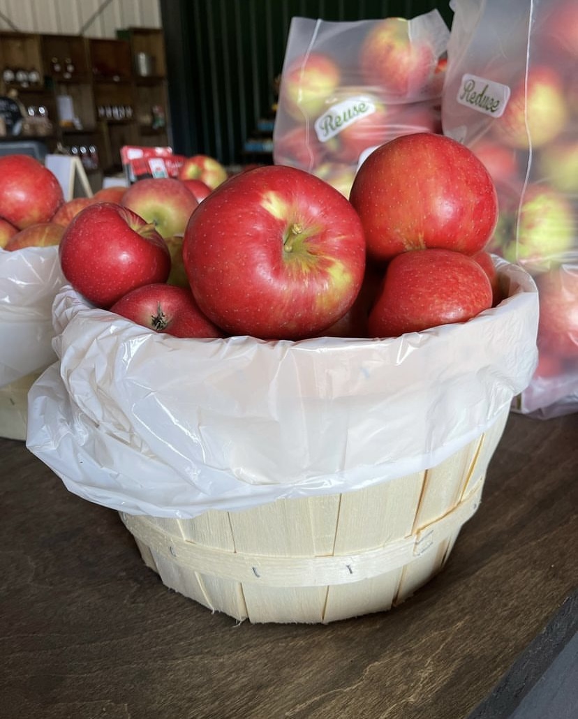 Red apples in a basket and in bags inside farm market