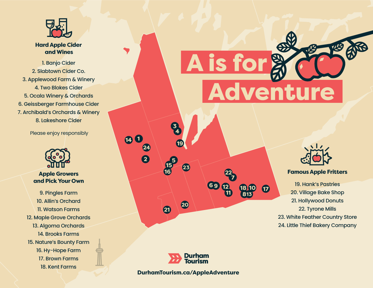 A map featuring locations throughout the Region's various apple experiences including hard cider, pick your own and famous fritters.