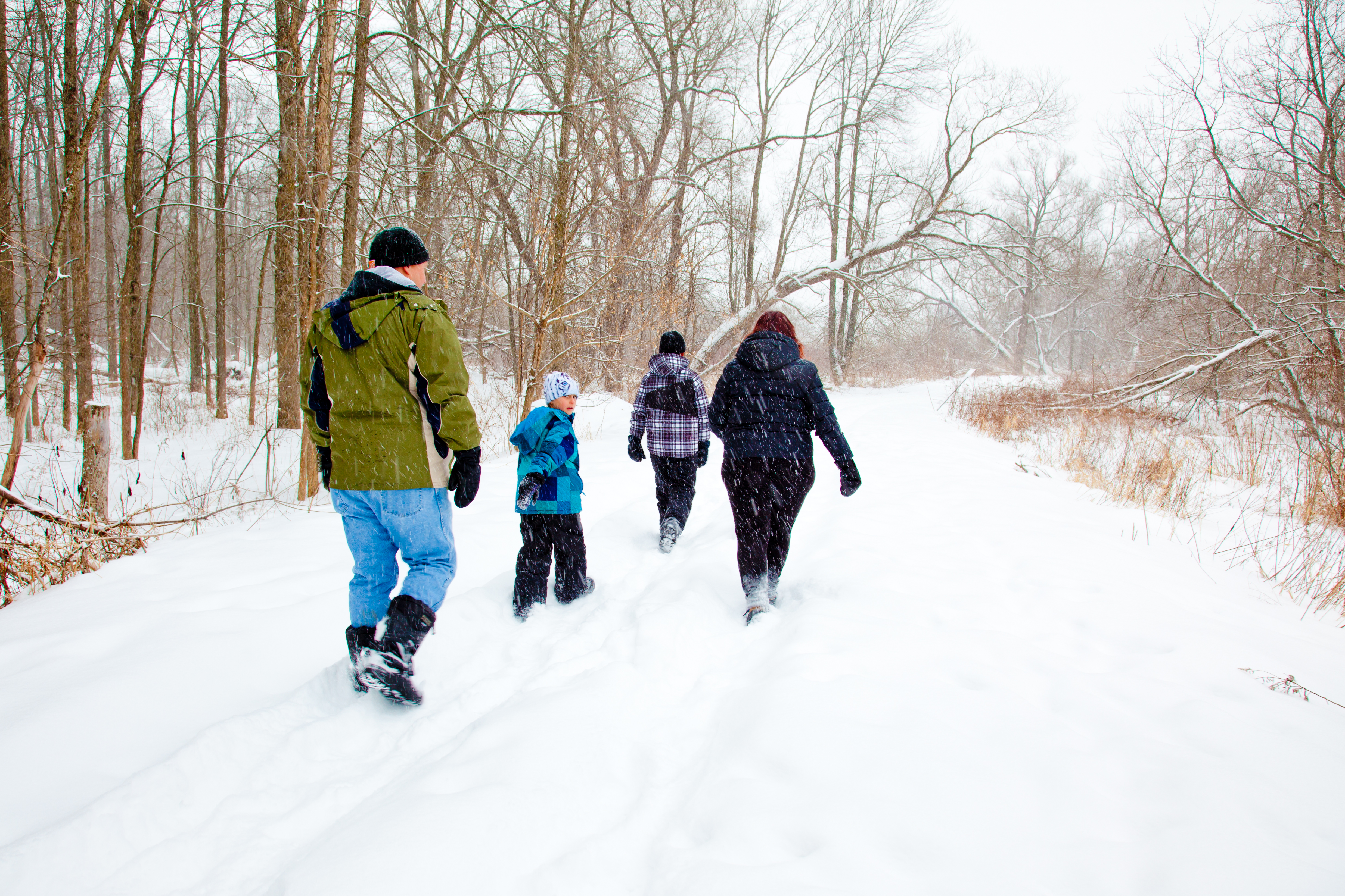 Family walking on snow covered trail at Second Marsh