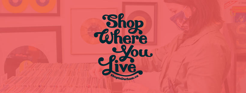 Shop Where You Live wording on graphic of girl looking at records