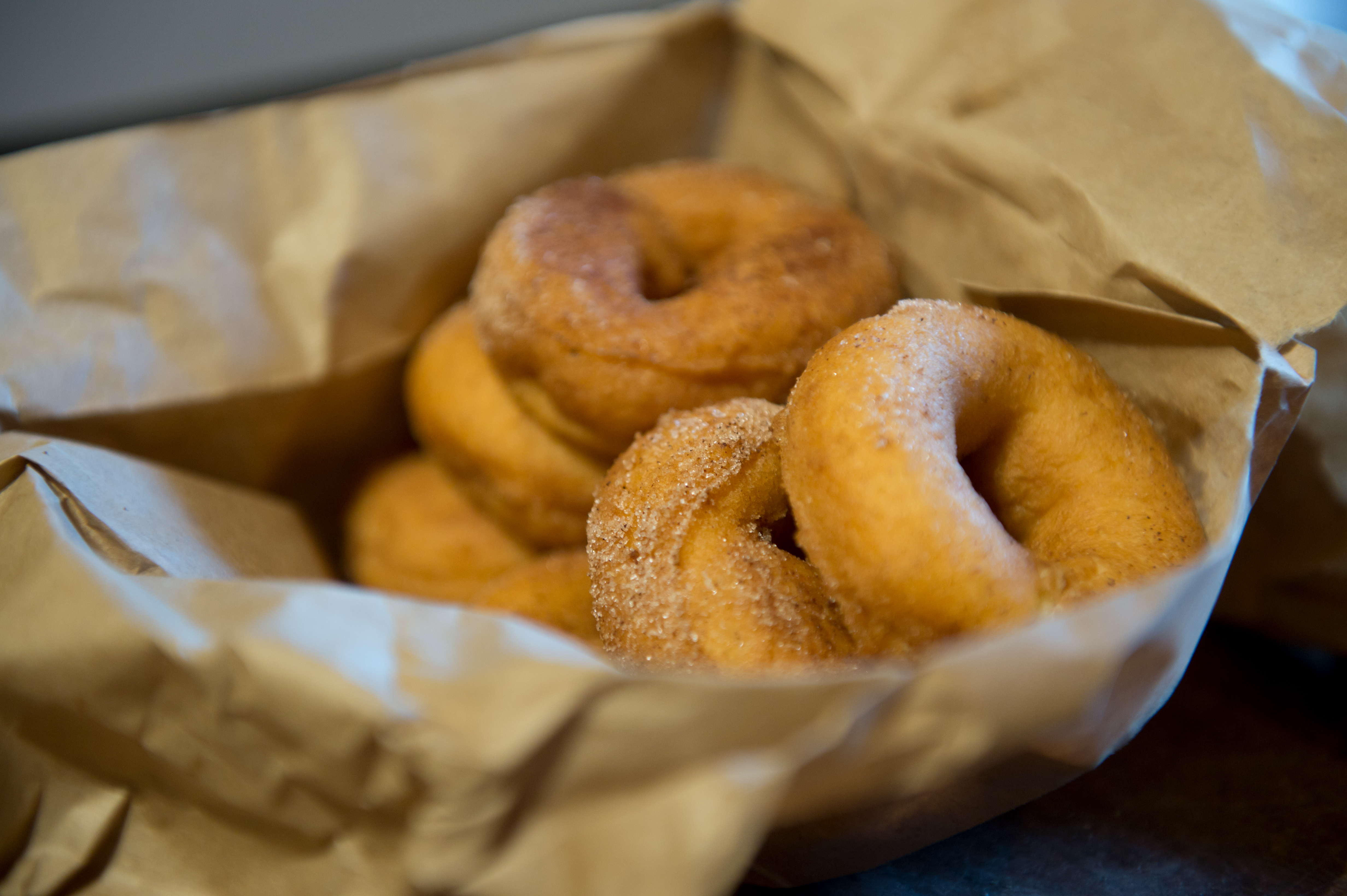 Tyrone Mills apple cider doughnuts in a paper bag