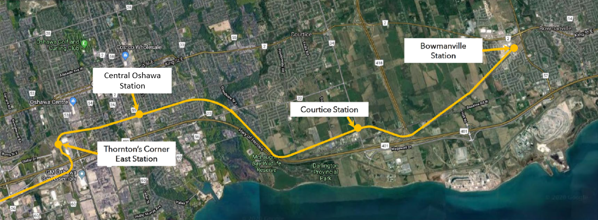 Map of Go Lakeshore East extension with stations