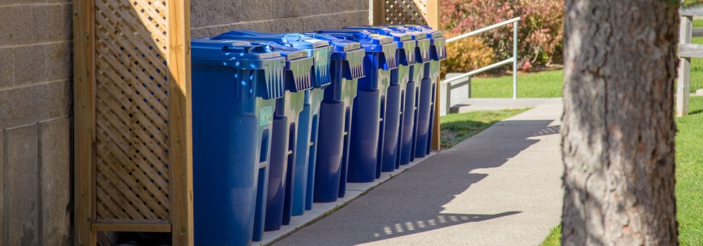 Waste bins lined up behind a fence on private property