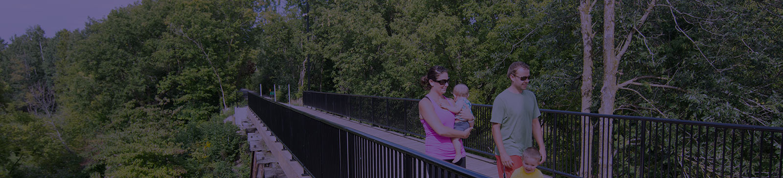 Family walking on a bridge in a forest.