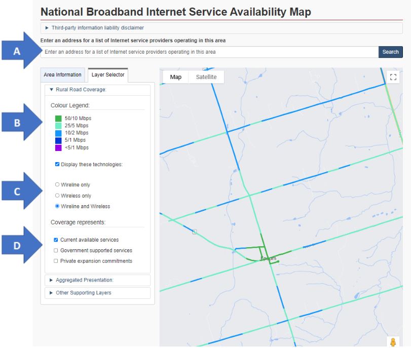 An image of the Government of Canada’s National Broadband Internet Service Availability map with blue arrows indicating steps on how to navigate the tool to find available internet services in your area, including Wireline only, Wireless only and Wireline and Wireless. 