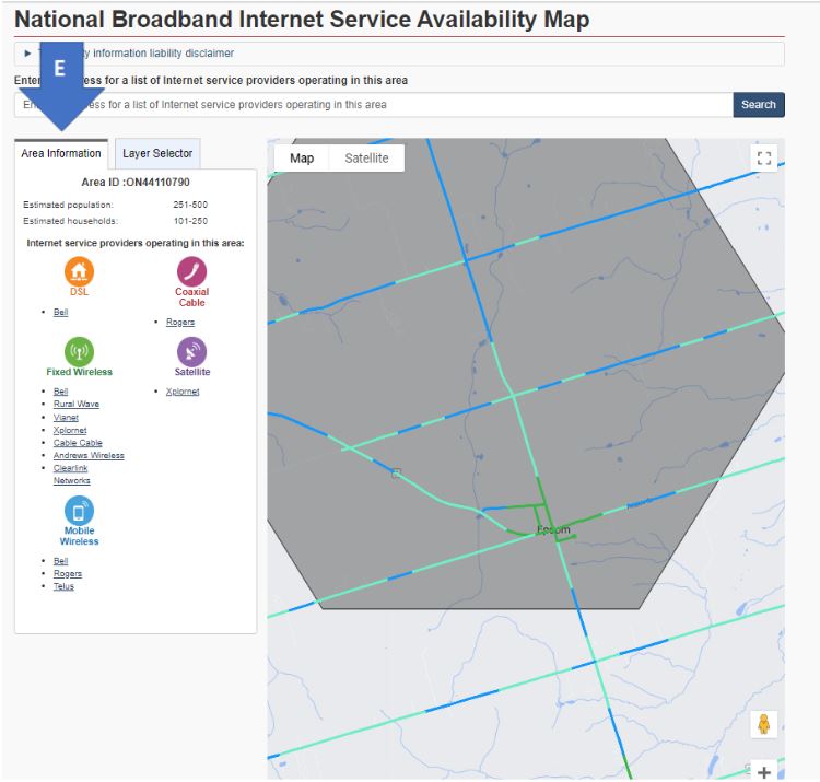 An image of the Government of Canada’s National Broadband Internet Service Availability map with blue arrows indicating steps on how to navigate the tool to find further details about the service providers and technologies they use, including DSL, Coaxial Cable, Fixed Wireless, Satellite and Mobile Wireless.  