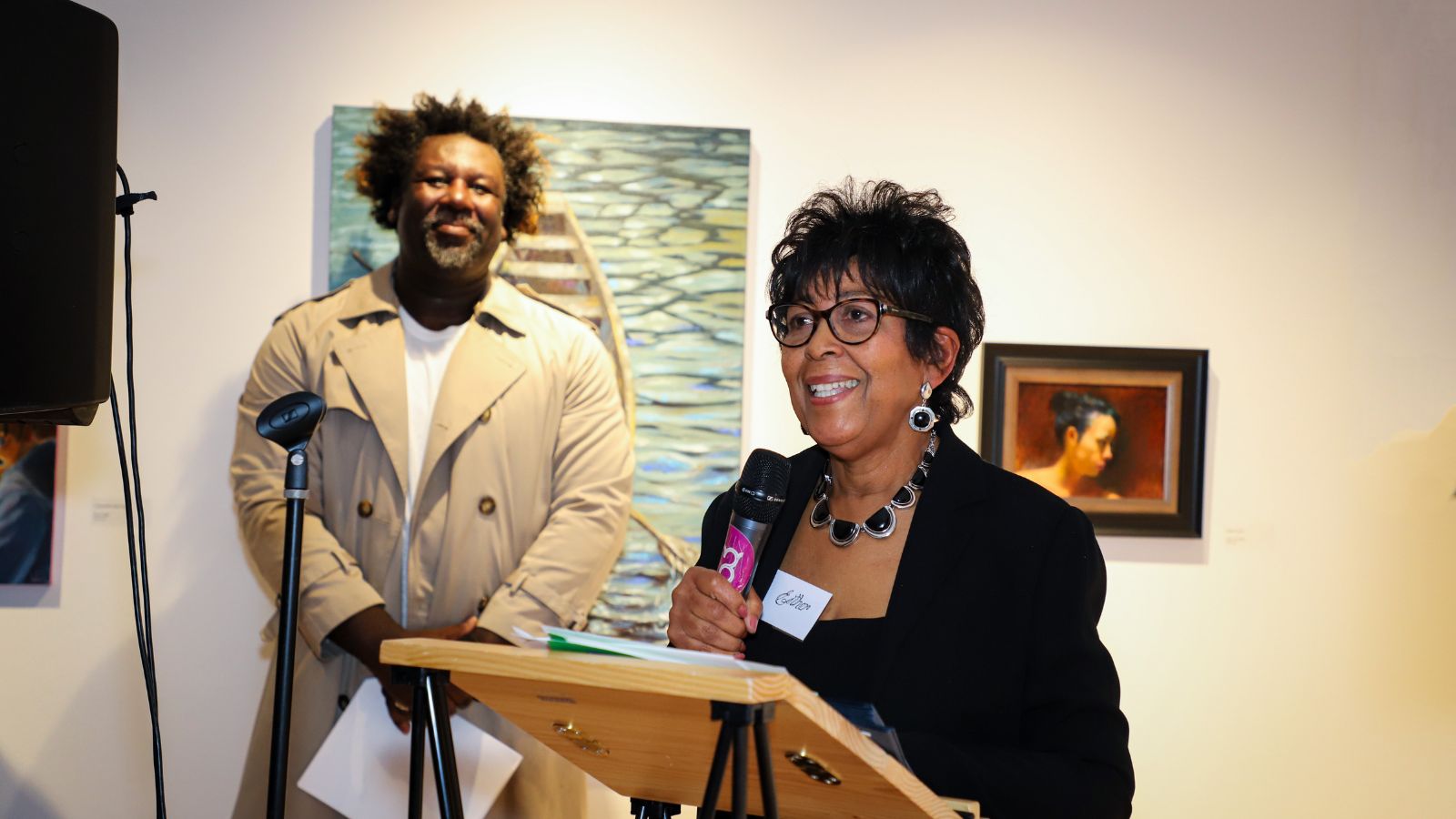 President of Cultural Expressions, Esther Forde, speaking at The Robert McLaughlin Gallery in Oshawa, Ontario