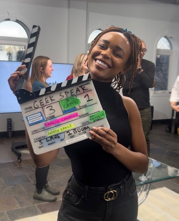 TV Producer and Director, Camille Lawrence, on a film set