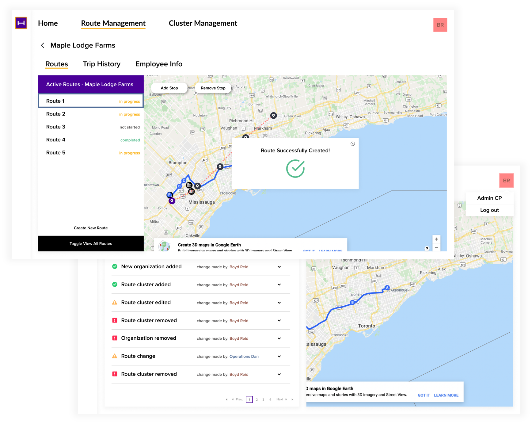 Route management system by Hop in Technologies in Durham Region, Ontario, Canada
