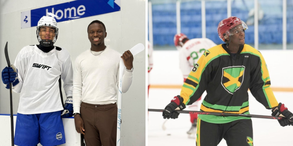 Two photos divided by a white line, the first showing the founder of Swift Hockey standing beside a hockey player and the second showing a hockey player representing team Jamaica using a Swift Hockey stick.