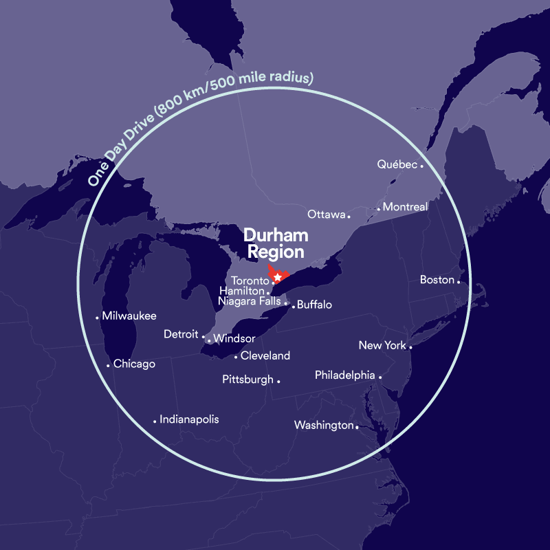 Map of Durham Region and major cities within a 500 mile radius