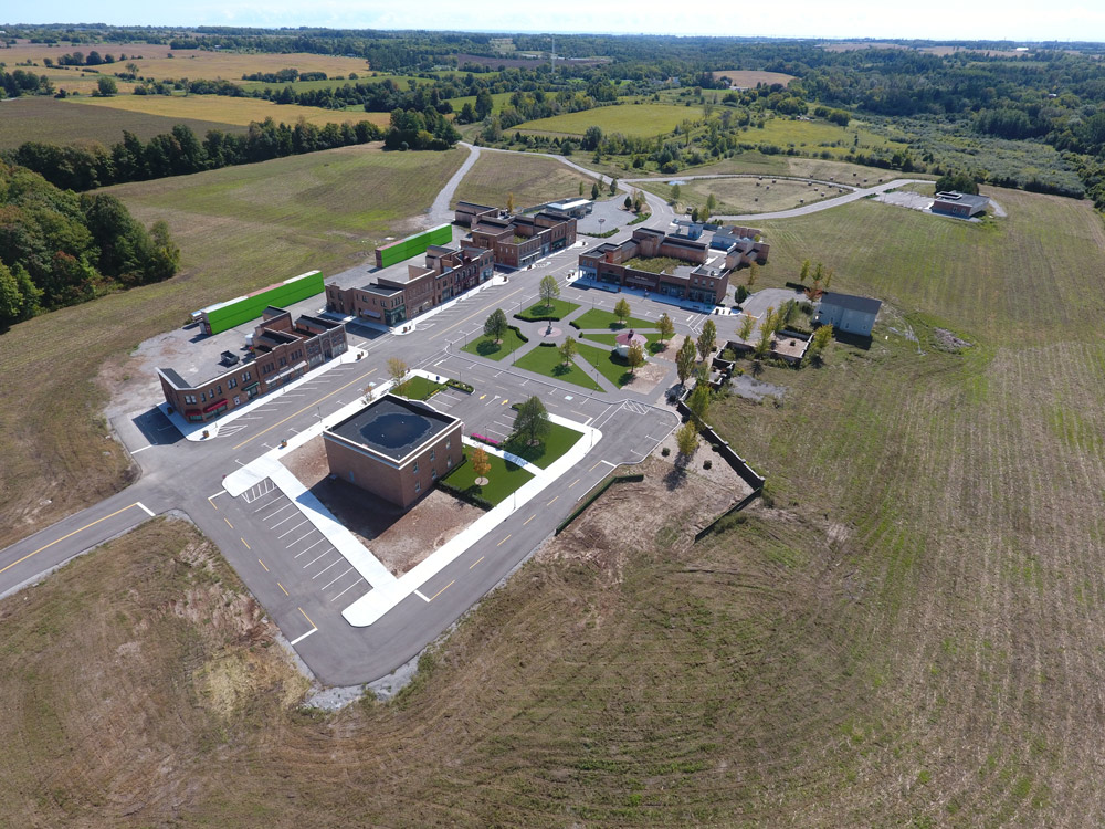 Drone shot of the William F. White backlot in Pickering.