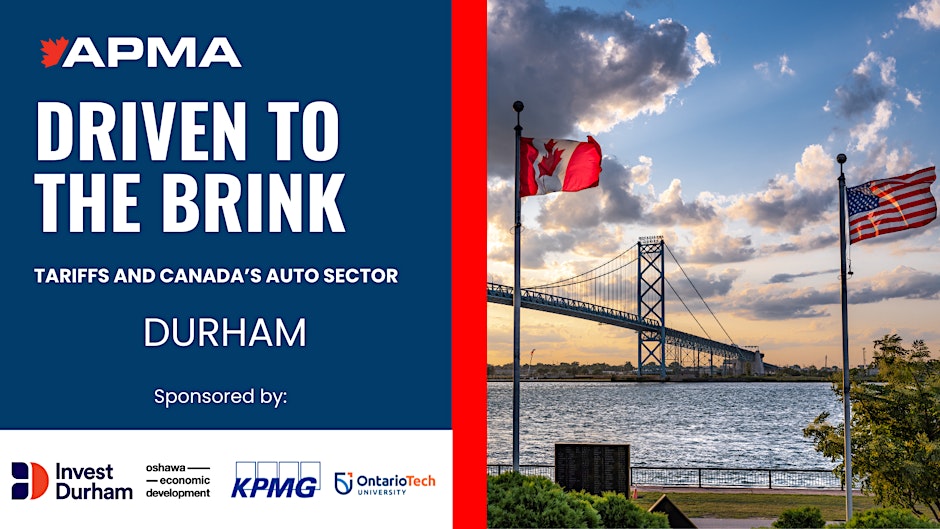 Graphic with text that reads, "Driven to the brink: Tariffs and Canada’s Auto Sector"