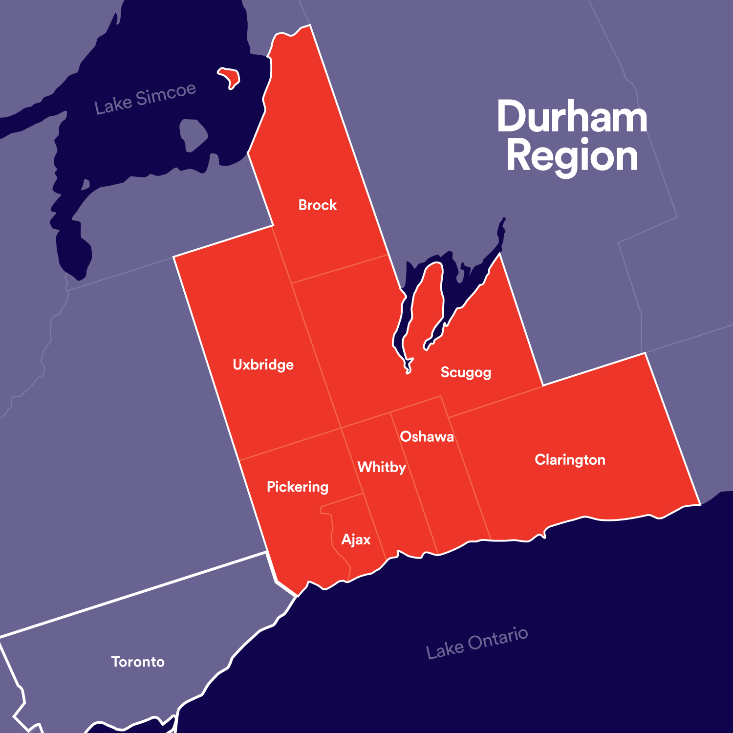Map of Durham Region and its eight municipalities.