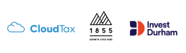 CloudTax logo, 1855 Accelerator logo, and Invest Durham logo.