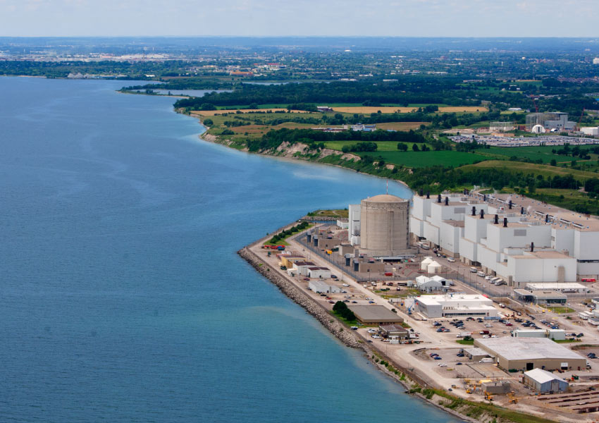 Aerial shot of the Darlington Nuclear Plant and Lake Ontario.