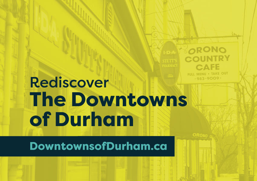 Graphic that reads "Rediscover the Downtowns of Durham from home".