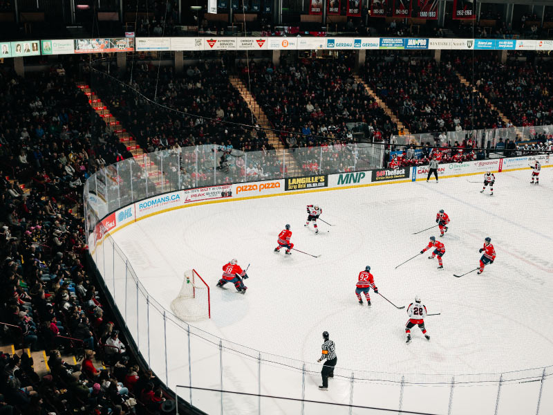 Hockey game in action.