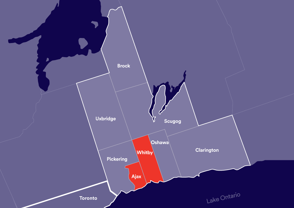 Map of Durham Region highlighting Ajax and Whitby.