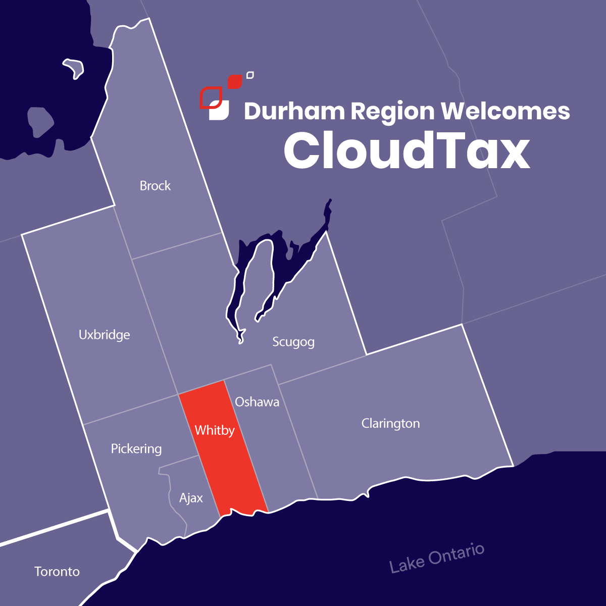 Map of Durham Region that reads, "Durham Region welcomes CloudTax."