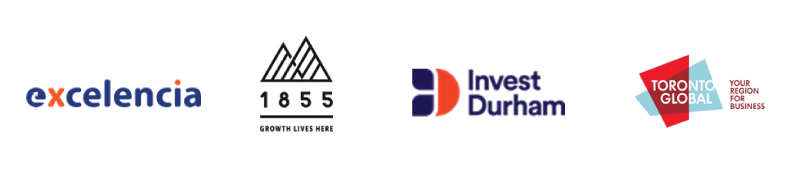 Excelencia logo, 1855 logo, Invest Durham logo, and Toronto Global logos.