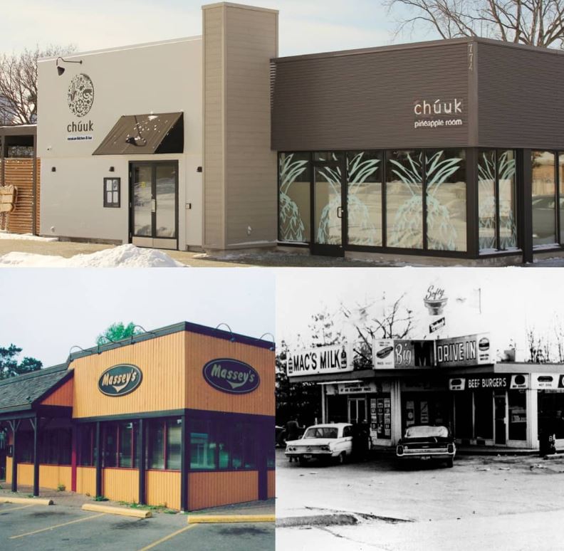 Side by side historic photos of the Chuuk building exterior in the past and today.