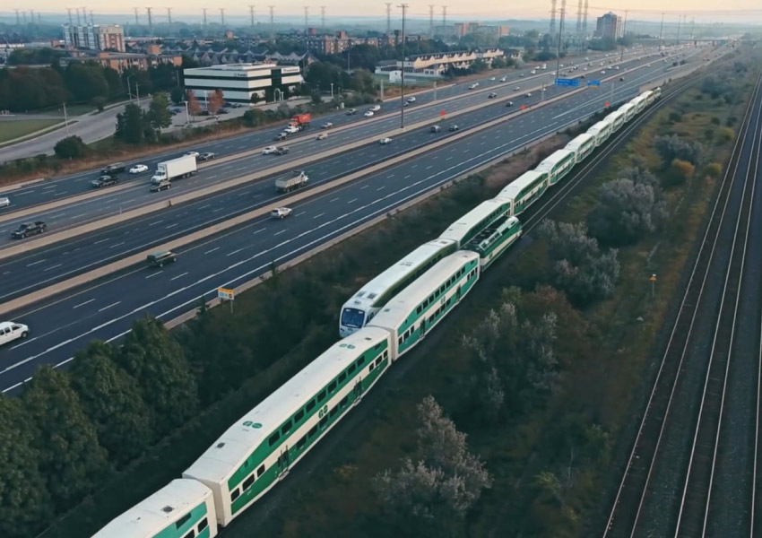 Aerial shot of Go Trains on tracks.