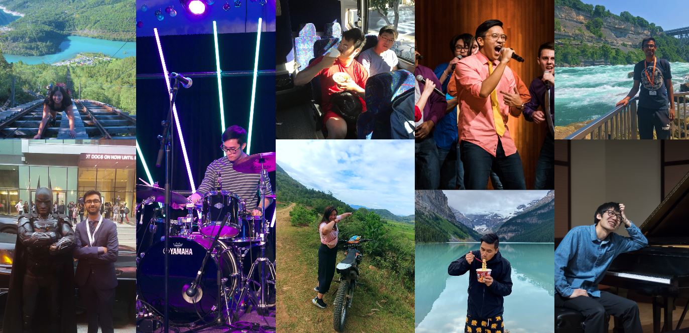 A collage of people doing a variety of fun activities such as playing the drums, singing, posing with Batman, and eating takeout by a beautiful lake.