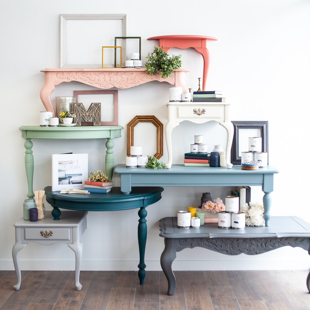 Beautiful arrangement of colourful reclaimed furniture.