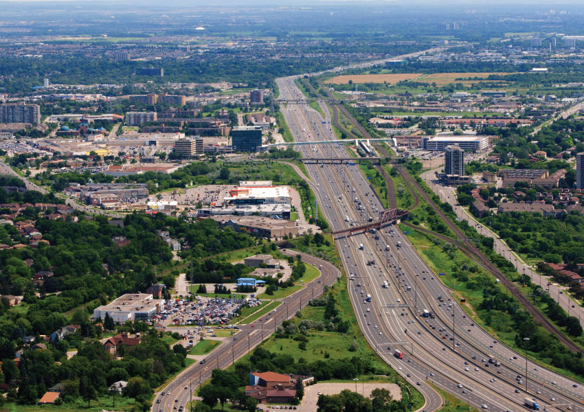 Aerial shot of Pickering over highway.