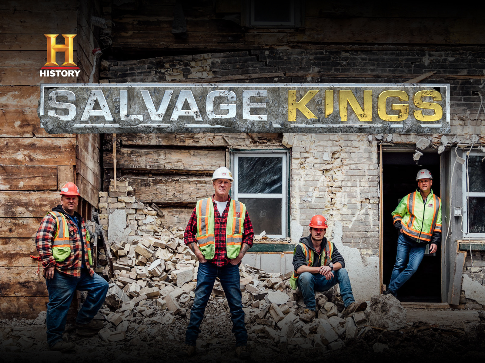 Promotional image of Salvage Kings on History Channel with men in work gear in front of brick wall