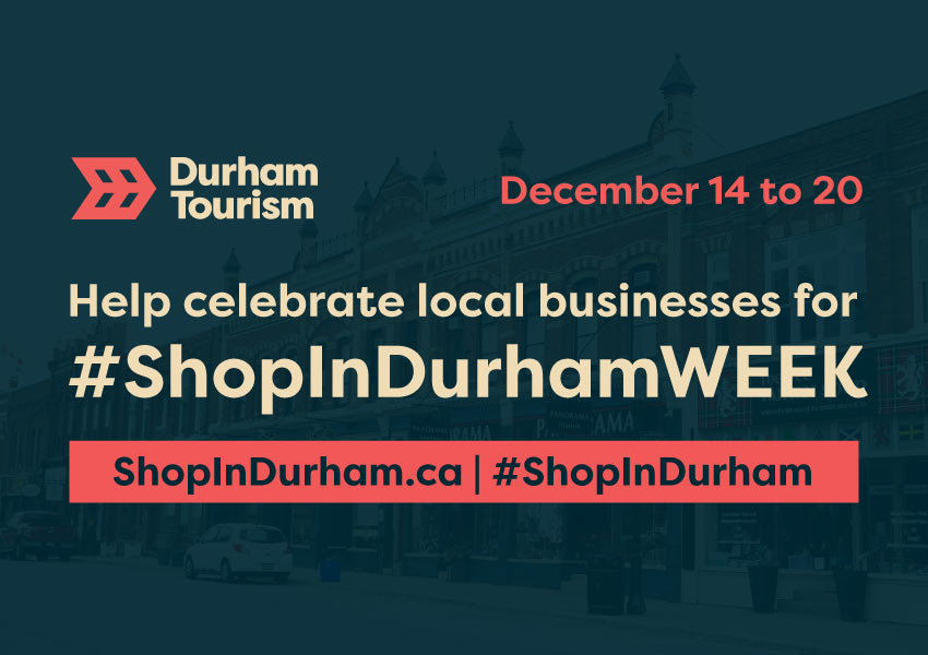 Graphic that reads "Help celebrate local businesses for #ShopInDurhamWEEK", ShopInDurham.ca, #ShopInDurham.