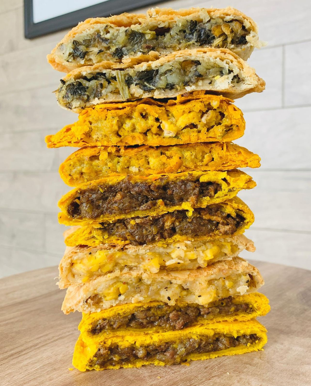 Stack of Jamaican patties from The Original Patty Gyal in Ajax, Ontario