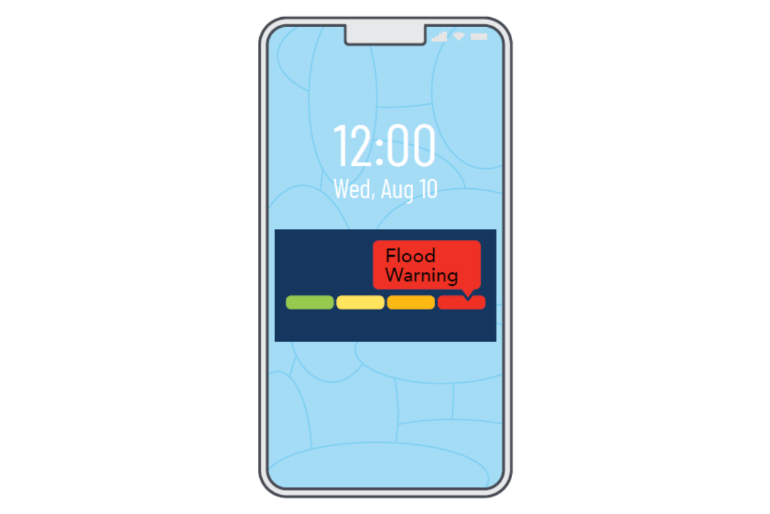 A phone screen has a notification in red saying "Flood Warning"