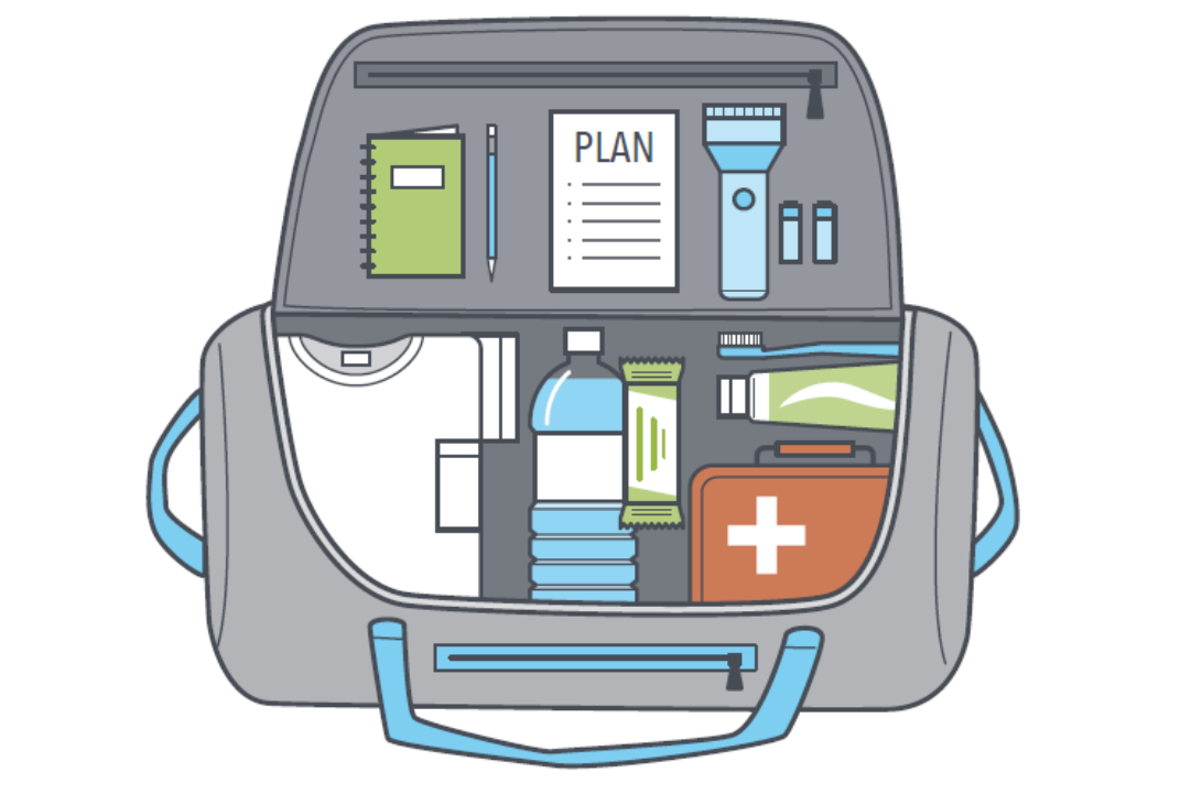 A backpack filled with items such as a flashlight, water bottle, and first aid kid