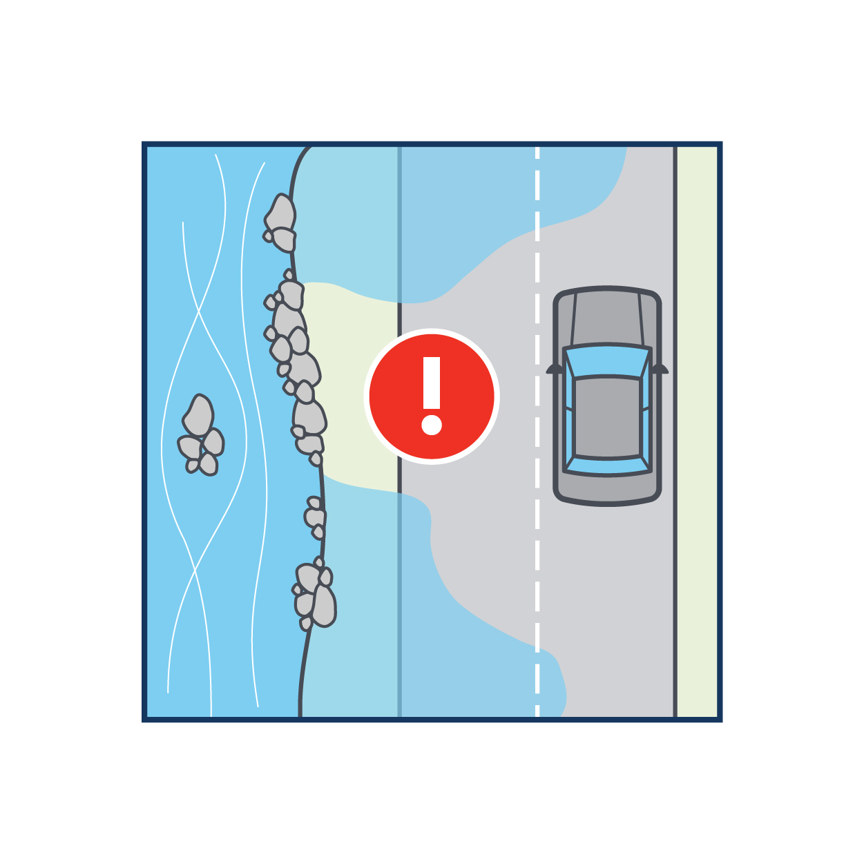 Car on a road covered in water with a red warning exclamation point 
