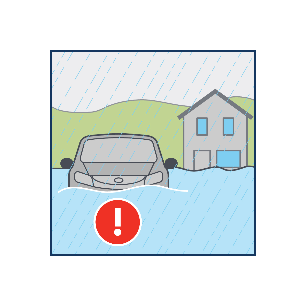 Car driving in flooded water with a red warning exclamation mark