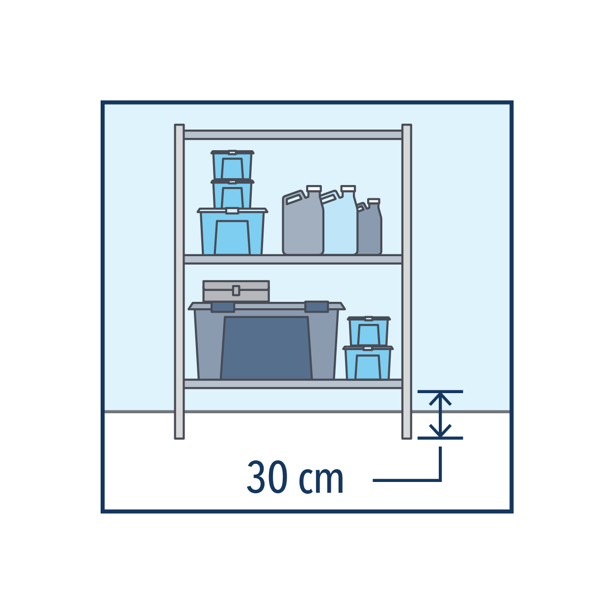 Shelf with valuables and a 30cm sign showing valuables should be elevated from the ground