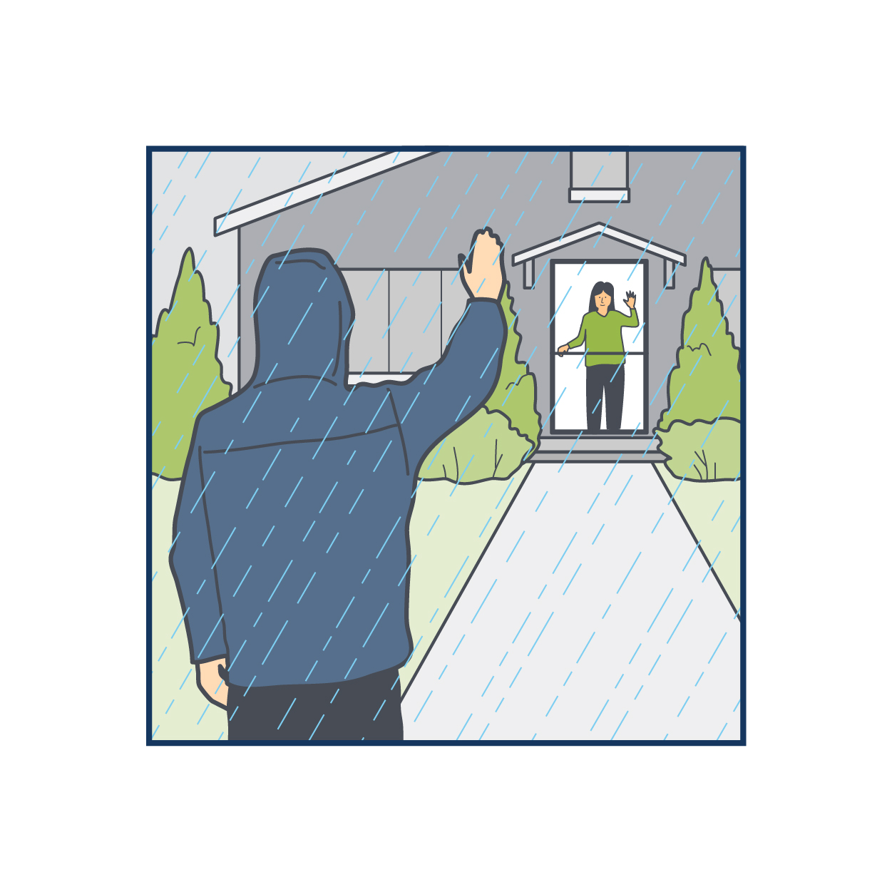 Person waving to another person inside a house while it is raining